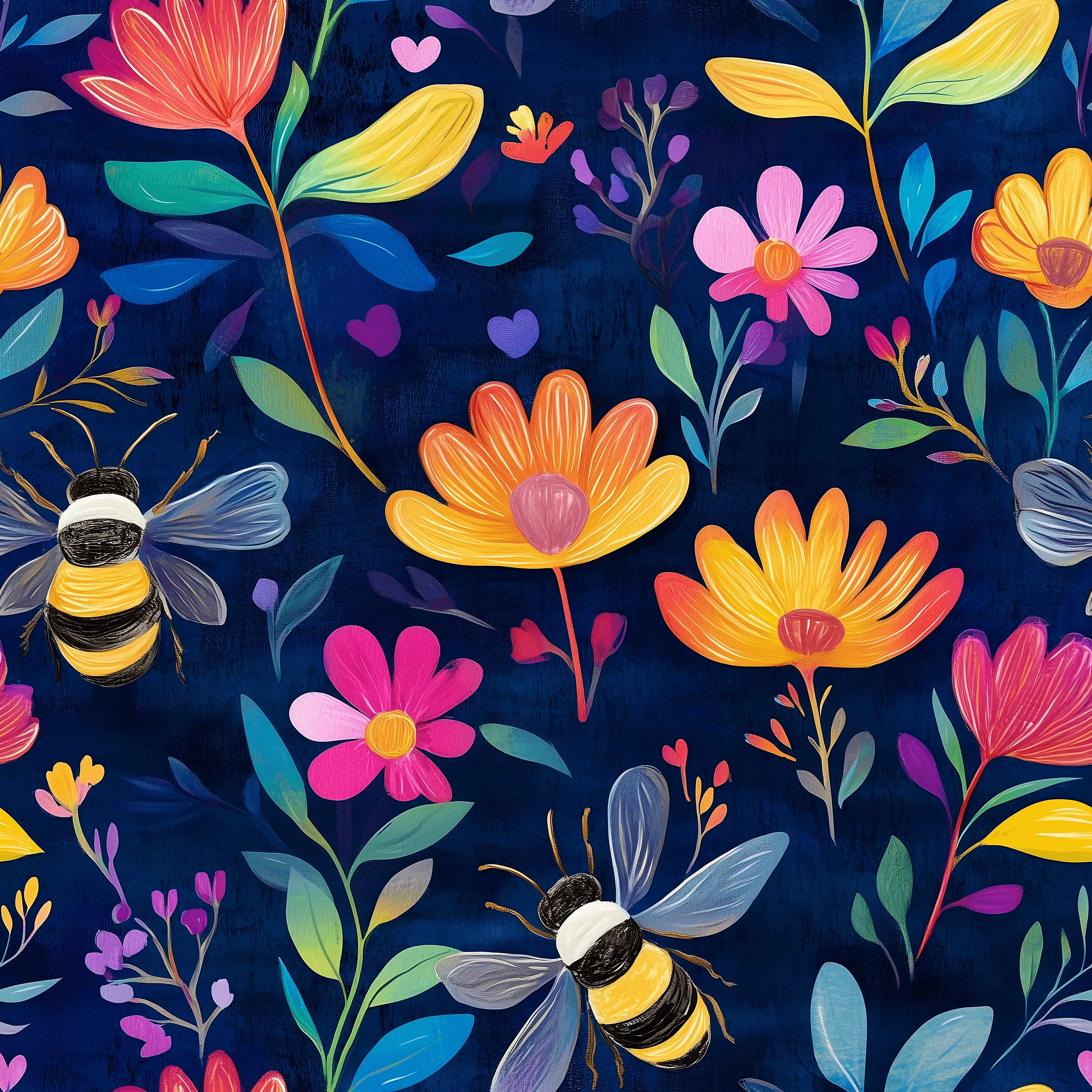 Cute bumble bees flying around pretty orange and yellow flowers on a deep blue background. Beautiful, high quality, stretch fabric for sewing your own clothes.