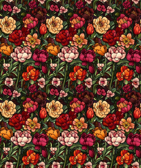 Red, orange pink and yellow peonies and roses on a deep green elegant background. Beautiful, high quality, stretch fabric for sewing your own clothes.