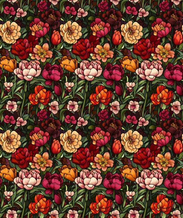 Red, orange pink and yellow peonies and roses on a deep green elegant background. Beautiful, high quality, stretch fabric for sewing your own clothes.