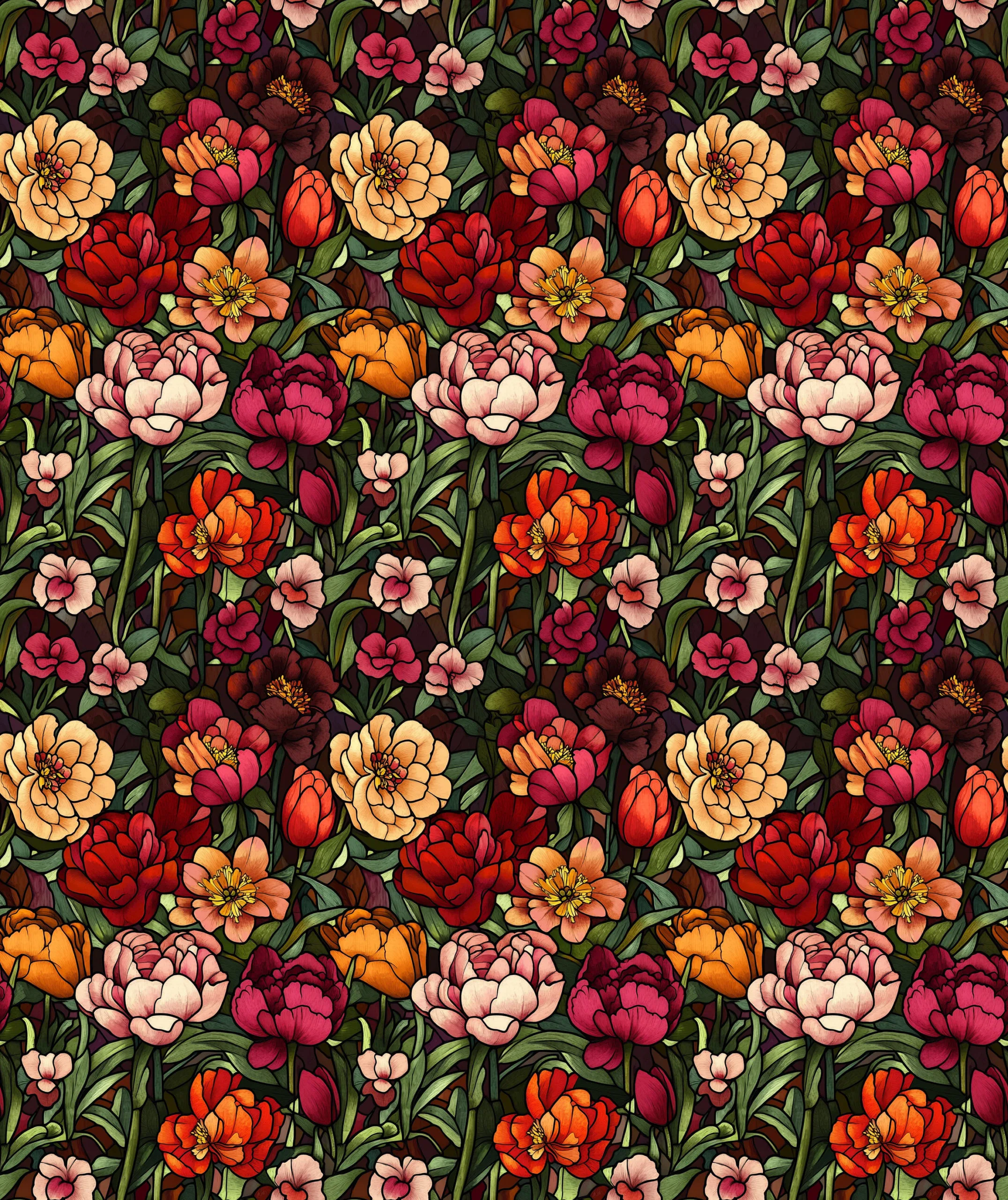 Red, orange pink and yellow peonies and roses on a deep green elegant background. Beautiful, high quality, stretch fabric for sewing your own clothes.