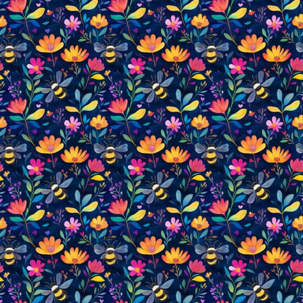 Cute bumble bees flying around pretty orange and yellow flowers on a deep blue background. Beautiful, high quality, stretch fabric for sewing your own clothes.