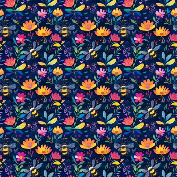 Cute bumble bees flying around pretty orange and yellow flowers on a deep blue background. Beautiful, high quality, stretch fabric for sewing your own clothes.