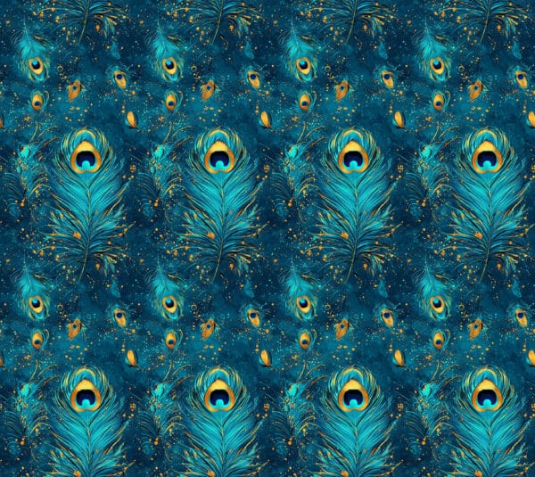 Peacock feather design, with deep blues and gold accents. Beautiful, high quality, stretch fabric for sewing your own clothes.