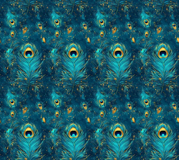 Peacock feather design, with deep blues and gold accents. Beautiful, high quality, stretch fabric for sewing your own clothes.