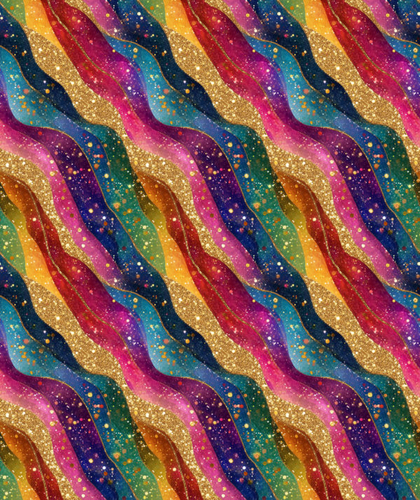 Stunning rainbow colours in diagonal waves, with gold linework and glitter effect all over. Beautiful, high quality, stretch fabric for sewing your own clothes.