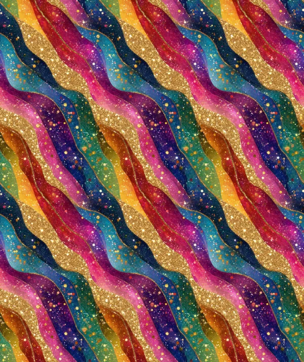 Stunning rainbow colours in diagonal waves, with gold linework and glitter effect all over. Beautiful, high quality, stretch fabric for sewing your own clothes.