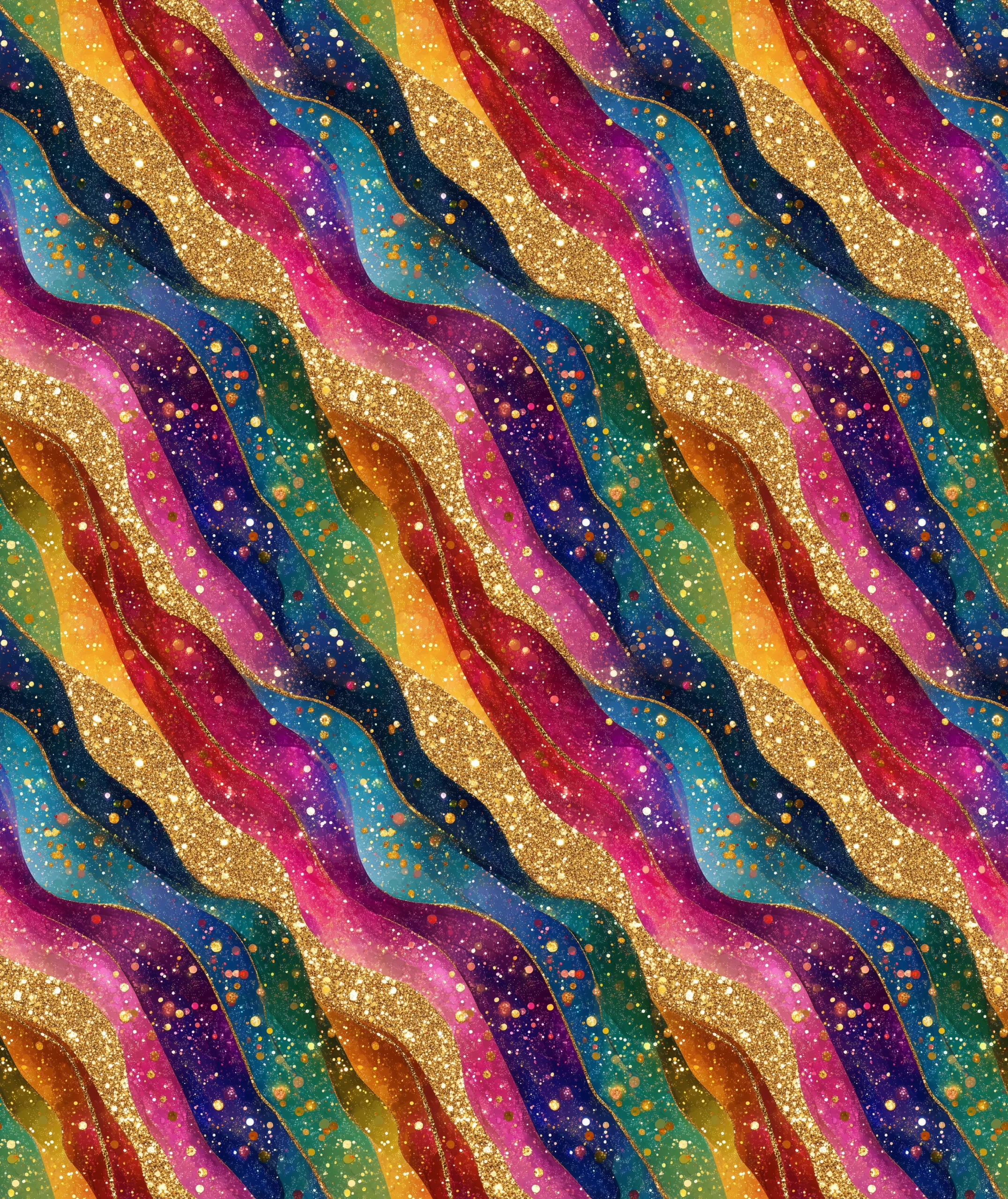 Stunning rainbow colours in diagonal waves, with gold linework and glitter effect all over. Beautiful, high quality, stretch fabric for sewing your own clothes.