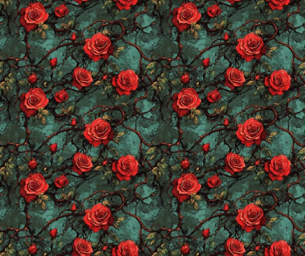 Elegant deep teal background with red roses and thorns running through the design. Beautiful, high quality, stretch fabric for sewing your own clothes.