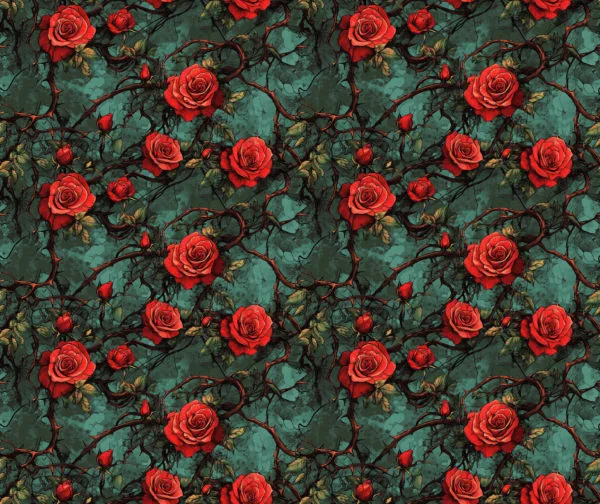 Elegant deep teal background with red roses and thorns running through the design. Beautiful, high quality, stretch fabric for sewing your own clothes.