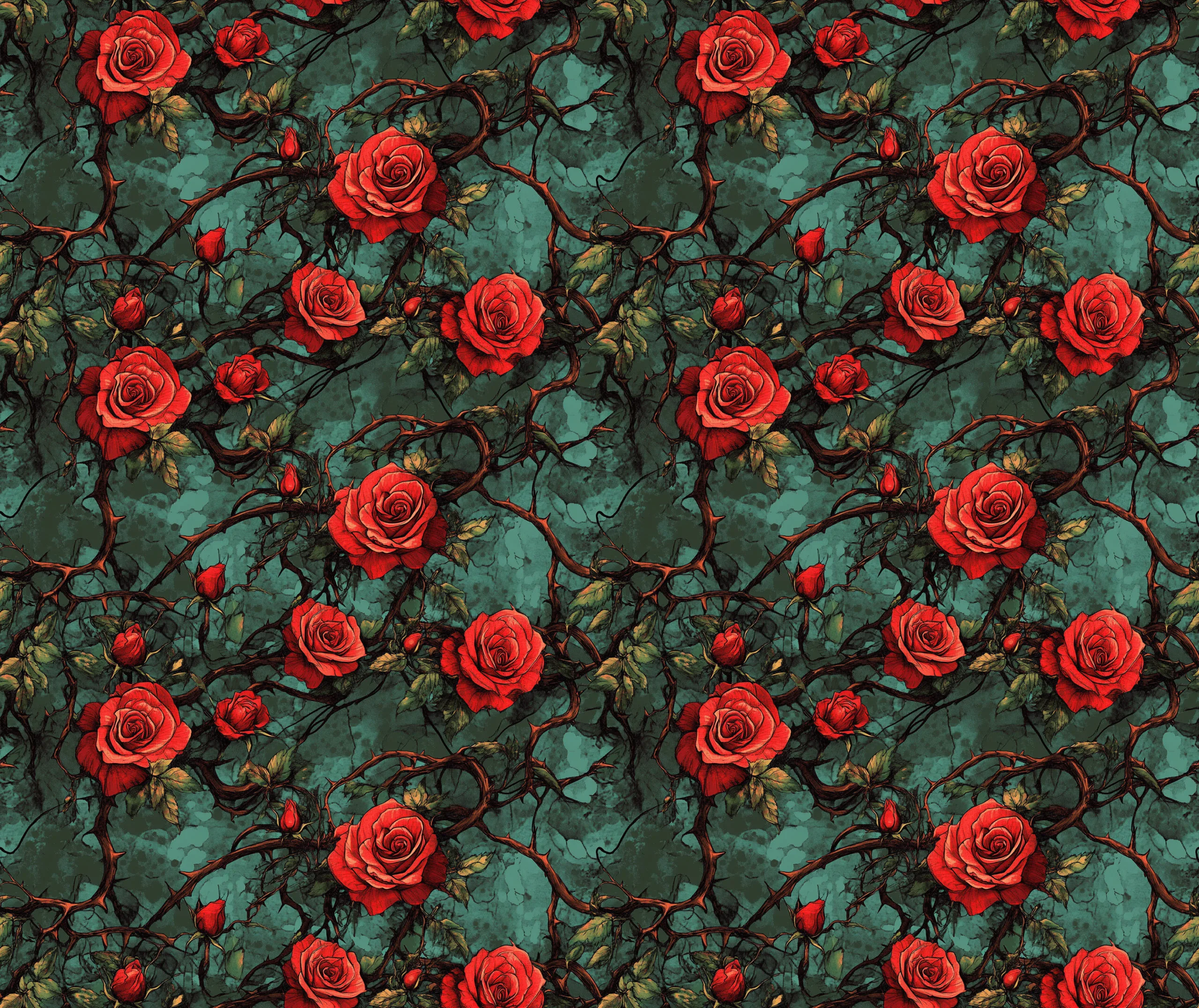 Elegant deep teal background with red roses and thorns running through the design. Beautiful, high quality, stretch fabric for sewing your own clothes.