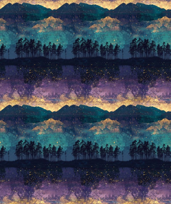 A Purple, teal and gold image with silouettes of a forest running through the middle of the design. Beautiful, high quality, stretch fabric for sewing your own clothes.