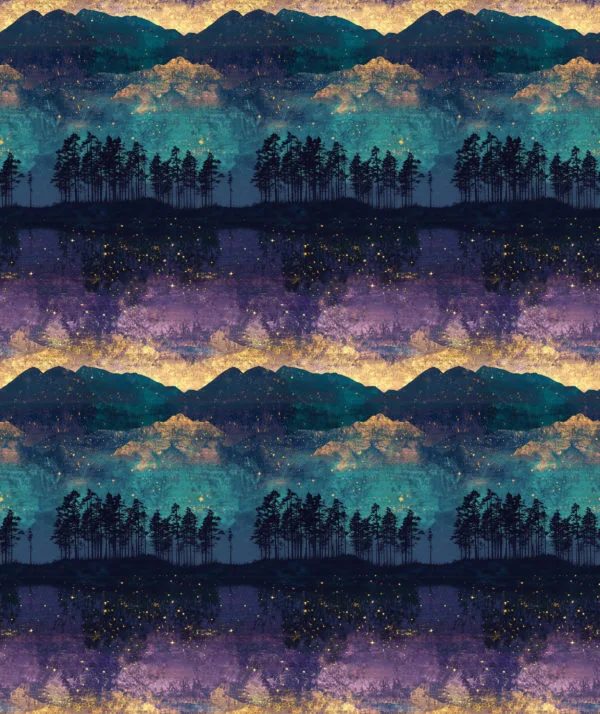 A Purple, teal and gold image with silouettes of a forest running through the middle of the design. Beautiful, high quality, stretch fabric for sewing your own clothes.