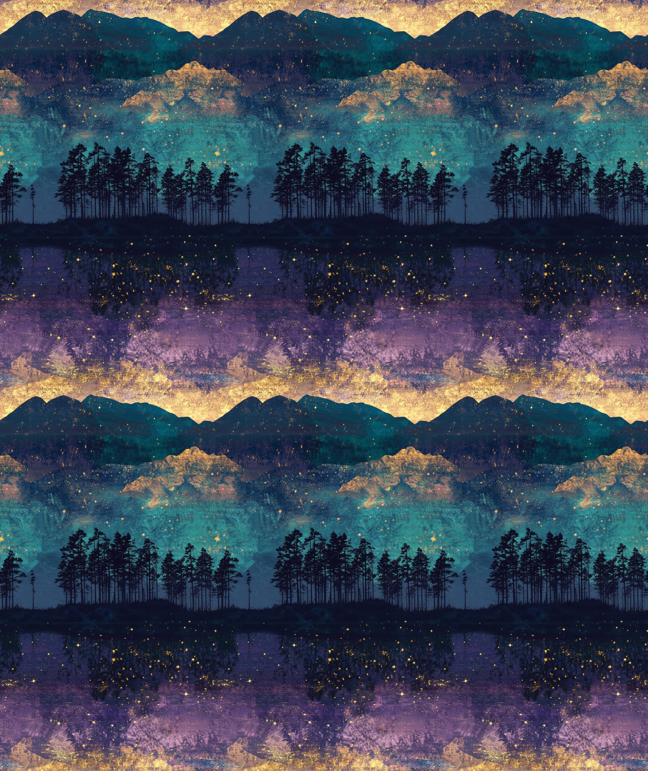 A Purple, teal and gold image with silouettes of a forest running through the middle of the design. Beautiful, high quality, stretch fabric for sewing your own clothes.