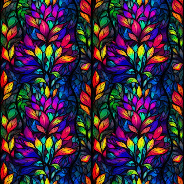 Intricate stained glass flower design with rainbow colours and a deep blue vein running through the design, around the foliage. Beautiful, high quality, stretch fabric for sewing your own clothes.