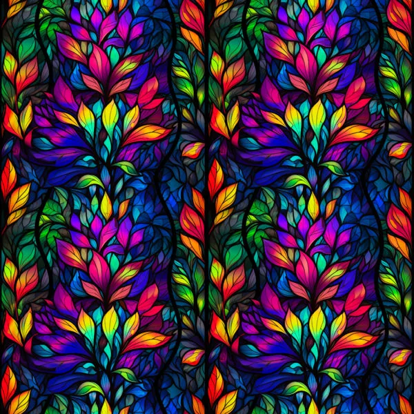 Intricate stained glass flower design with rainbow colours and a deep blue vein running through the design, around the foliage. Beautiful, high quality, stretch fabric for sewing your own clothes.