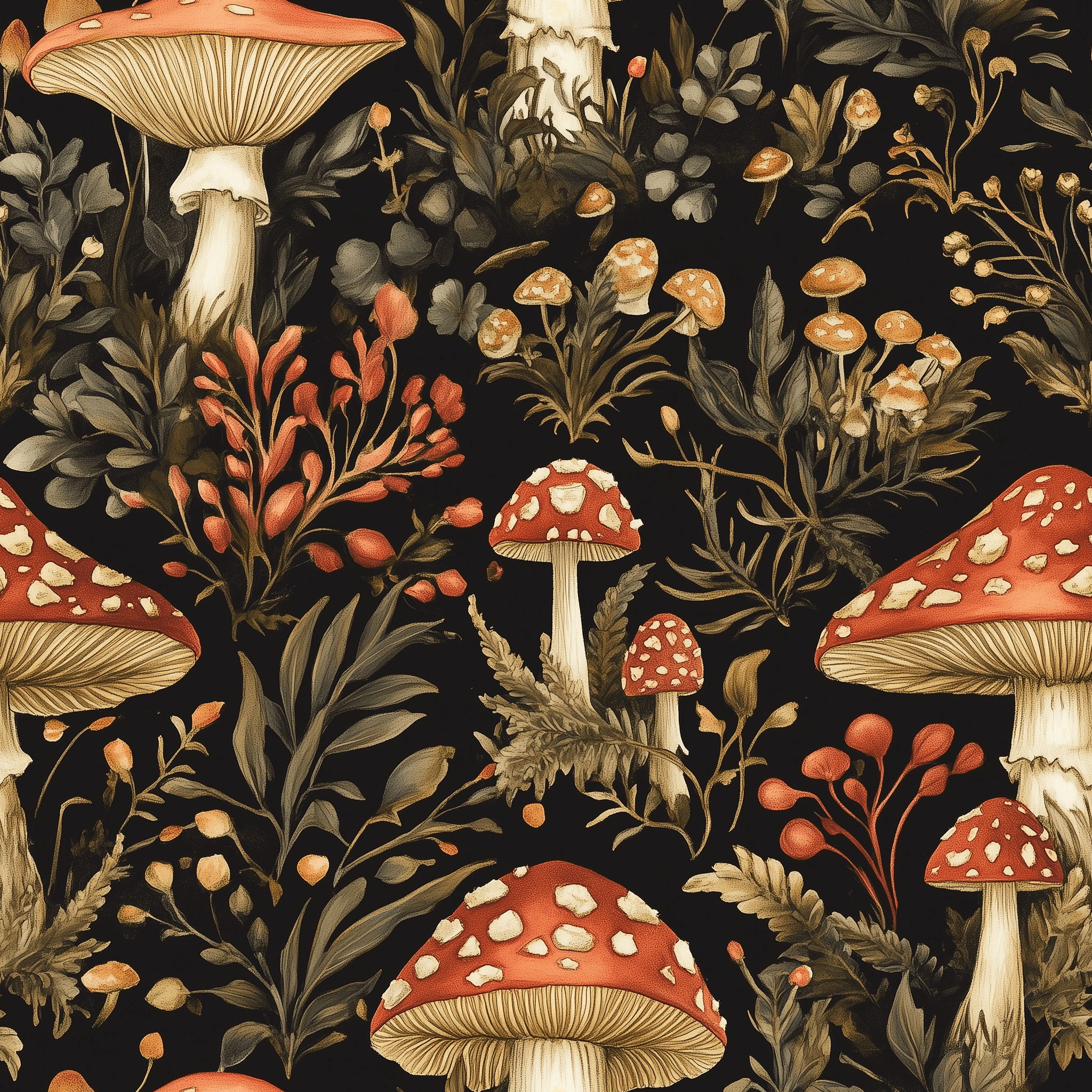 Cottagecore mushroom forest with red capped fungi on a deep rich background, printed on beautiful quality stretch jersey fabric, perfect for sewing your own clothes.
