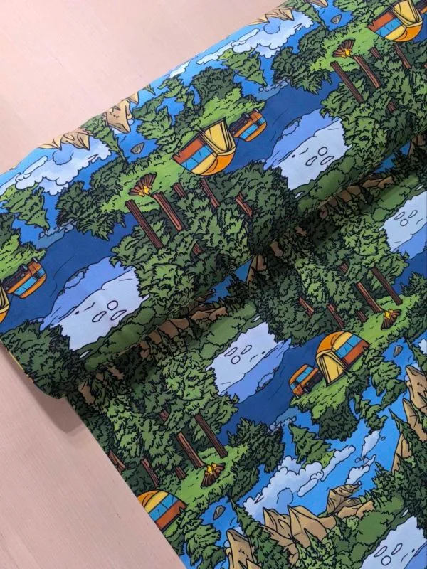 Blue and green cartoonised camping design, featuring a woodland background. Jersey stretch fabric base, beautifully soft and stretchy material.