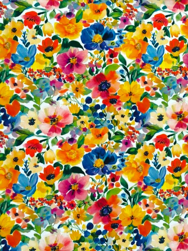 Colourful petals and florals on Jersey stretch fabric base, beautifully soft and stretchy material.
