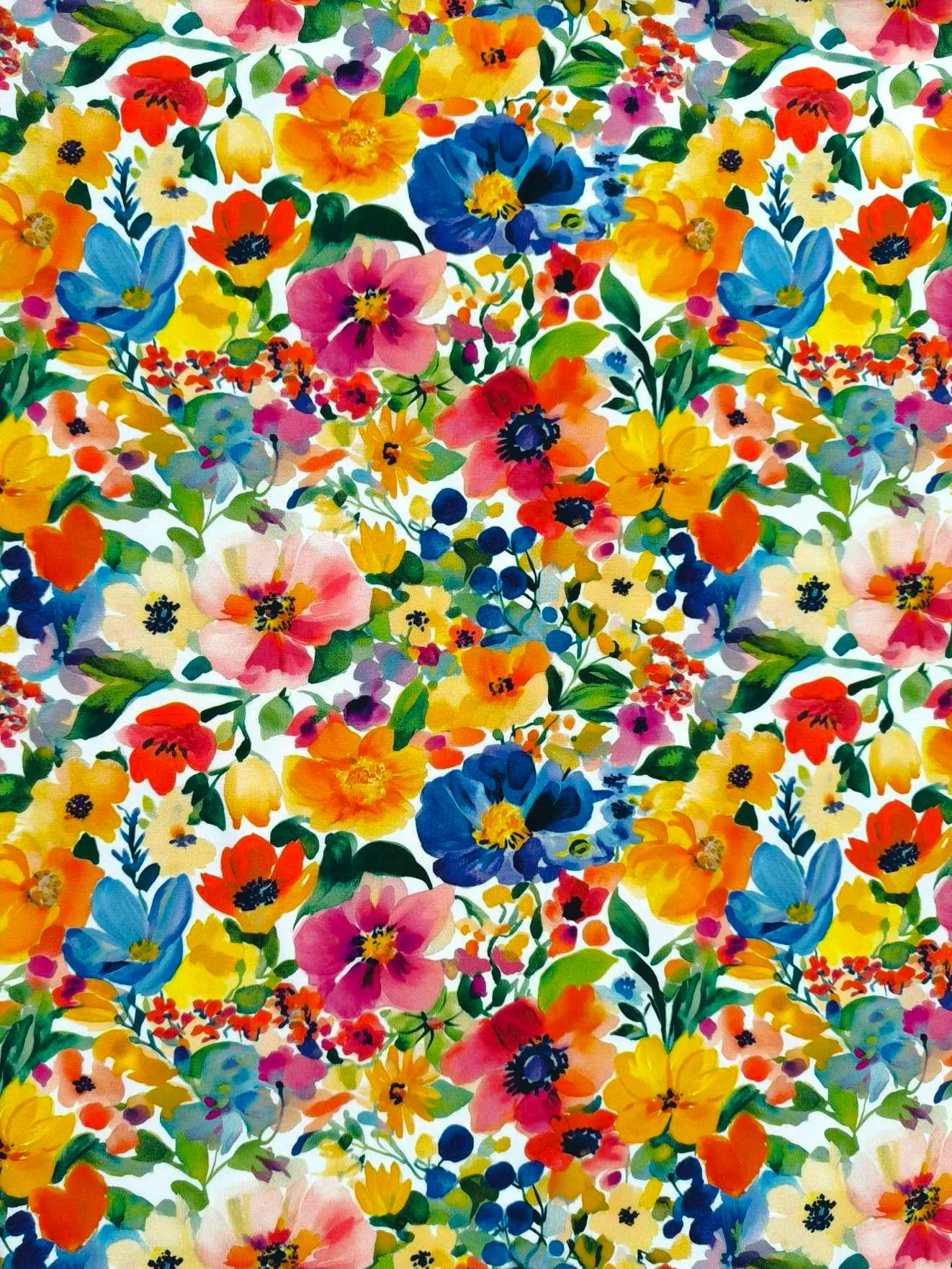 Colourful petals and florals on Jersey stretch fabric base, beautifully soft and stretchy material.
