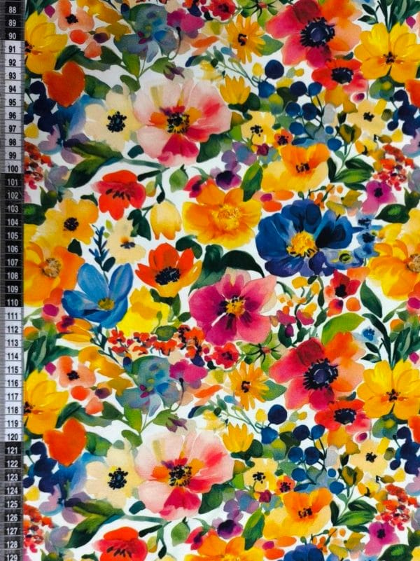 Colourful petals and florals on Jersey stretch fabric base, beautifully soft and stretchy material.
