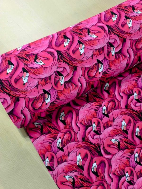 Pink Flamingos on a jersey stretch fabric base, beautifully soft and stretchy material.