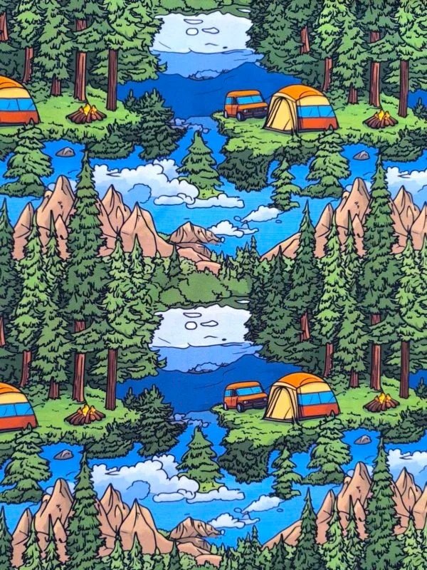Blue and green cartoonised camping design, featuring a woodland background. Jersey stretch fabric base, beautifully soft and stretchy material.