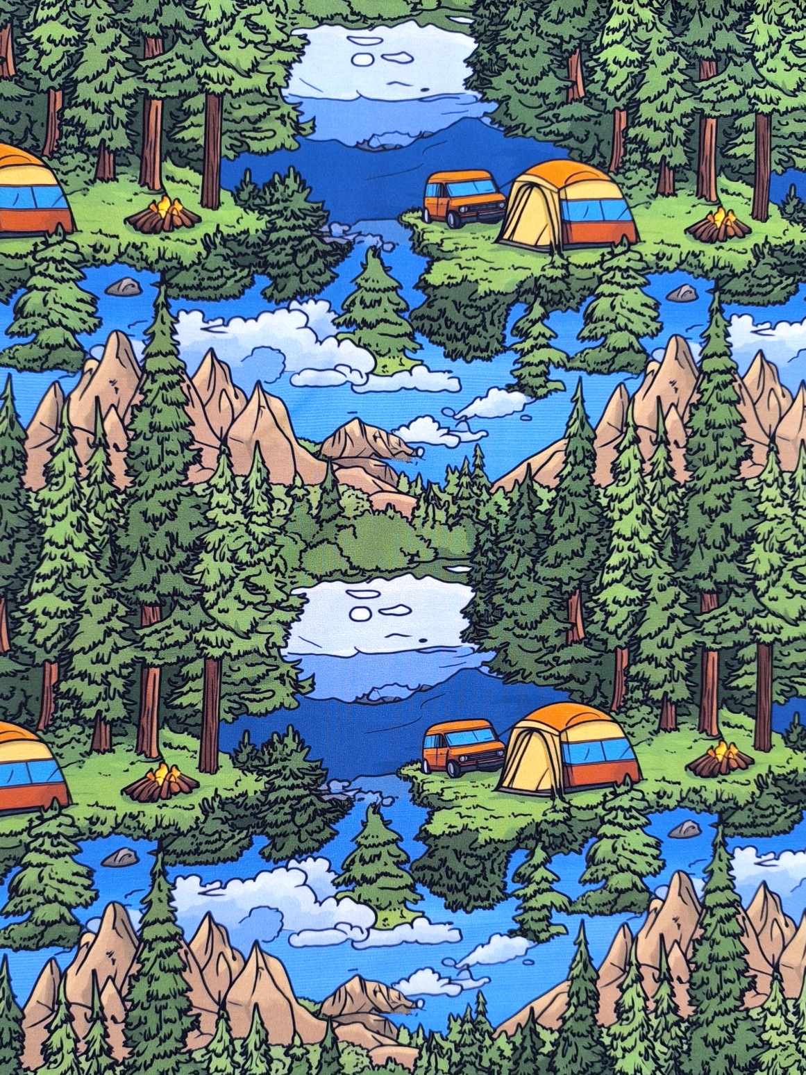 Blue and green cartoonised camping design, featuring a woodland background. Jersey stretch fabric base, beautifully soft and stretchy material.