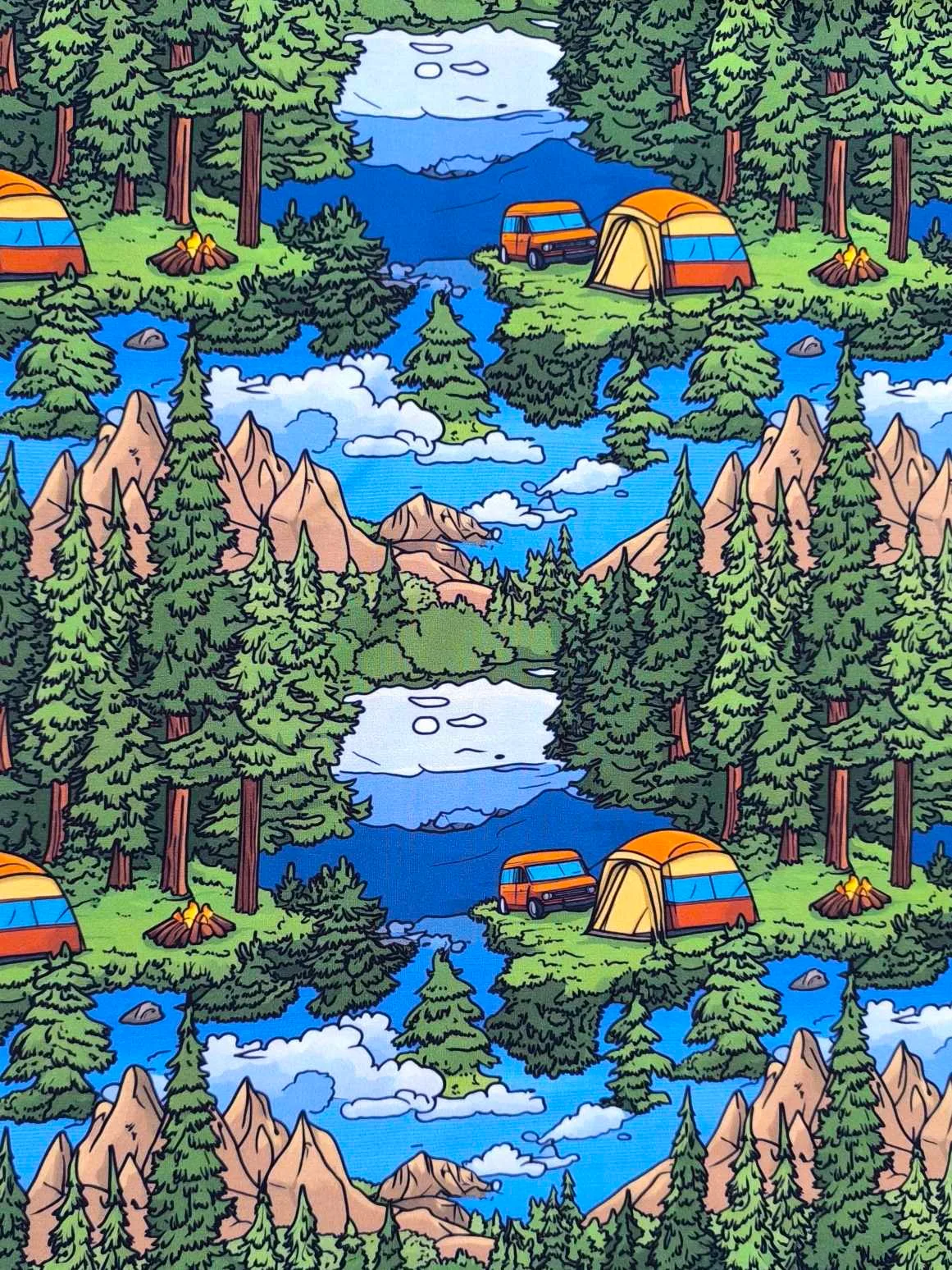 Blue and green cartoonised camping design, featuring a woodland background. Jersey stretch fabric base, beautifully soft and stretchy material.