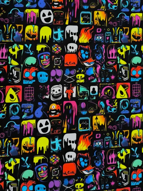 Super cool square design. with graffiti style art in each square, on a black background. Jersey stretch fabric base, beautifully soft and stretchy material.