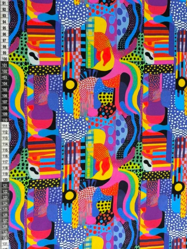 Colourful abstract shapes and dot design on a jersey stretch fabric base, beautifully soft and stretchy material.