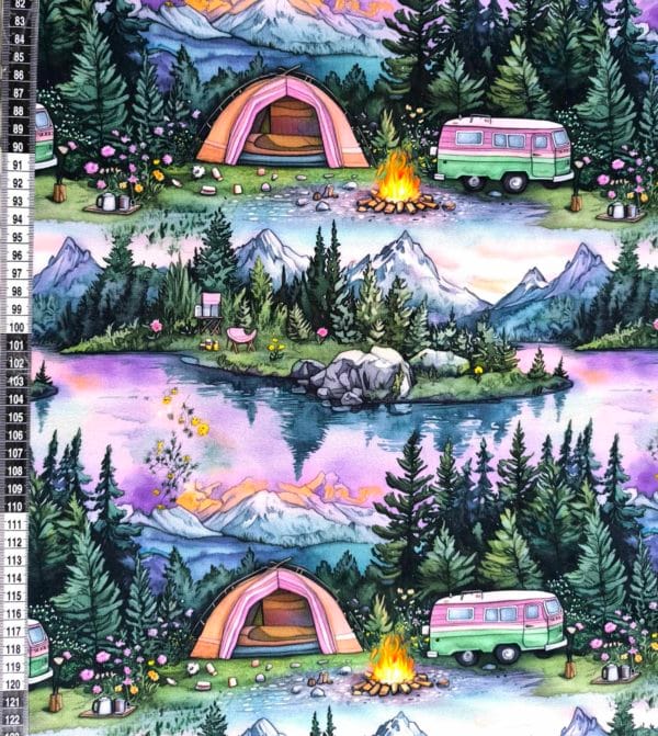 Purple camping design, featuring a woodland background. Jersey stretch fabric base, beautifully soft and stretchy material.