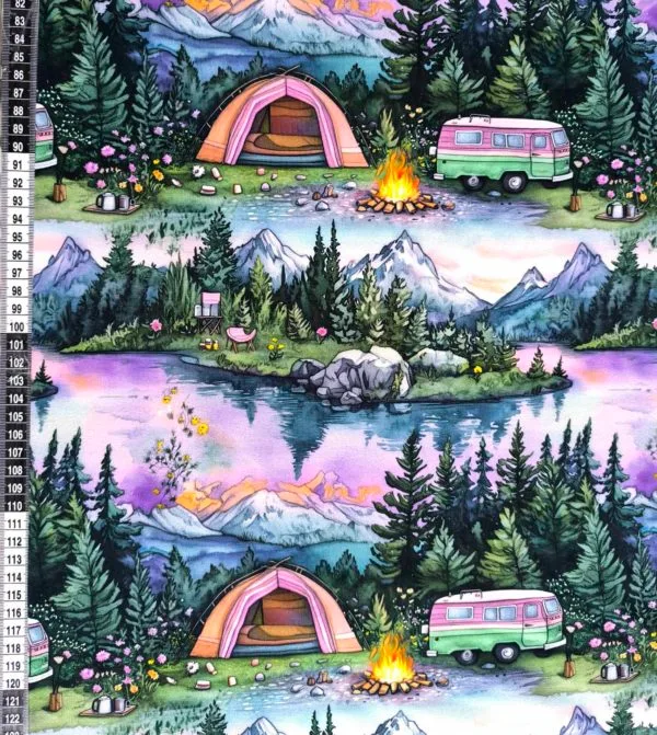 Purple camping design, featuring a woodland background. Jersey stretch fabric base, beautifully soft and stretchy material.