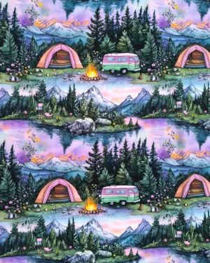 Purple Camping Jersey Fabric £16.50pm