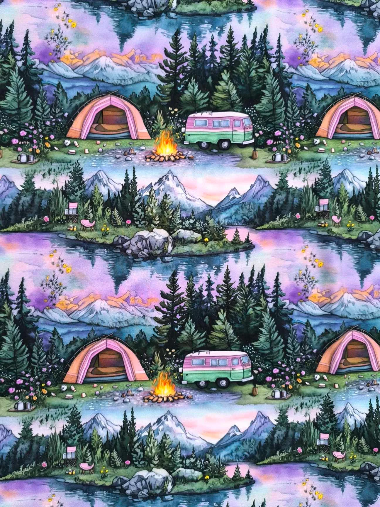 Purple camping design, featuring a woodland background. Jersey stretch fabric base, beautifully soft and stretchy material.