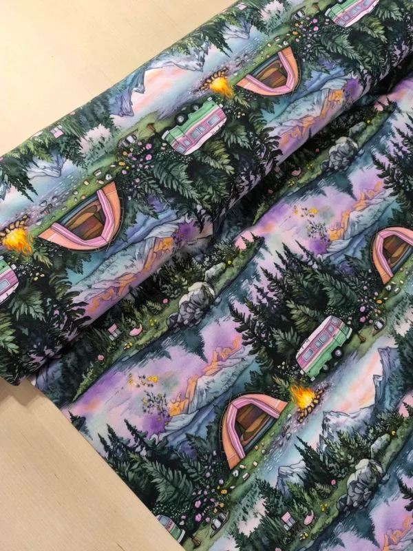 Purple camping design, featuring a woodland background. Jersey stretch fabric base, beautifully soft and stretchy material.