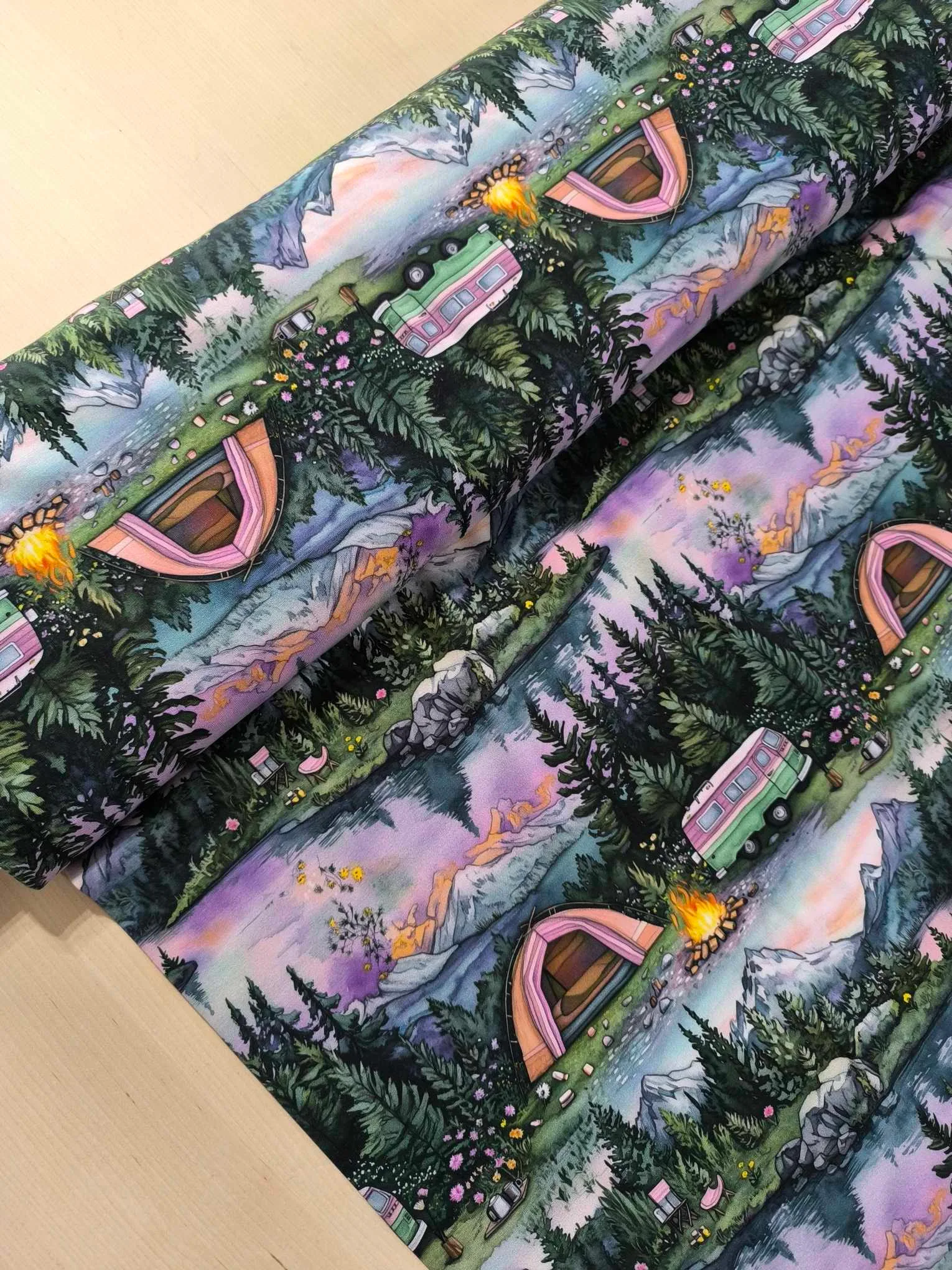 Purple Camping Jersey Fabric £16.50pm 5 Purple camping design, featuring a woodland background. Jersey stretch fabric base, beautifully soft and stretchy material.