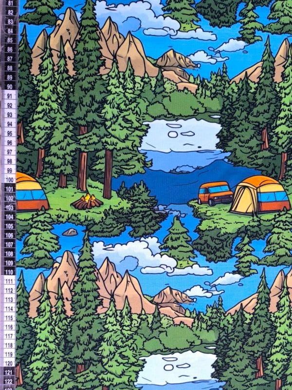 Blue and green cartoonised camping design, featuring a woodland background. Jersey stretch fabric base, beautifully soft and stretchy material.