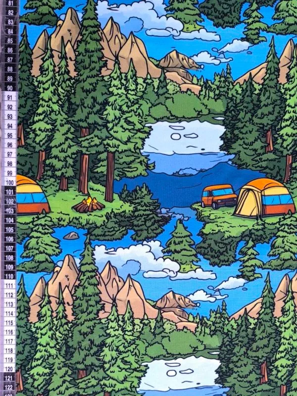 Blue and green cartoonised camping design, featuring a woodland background. Jersey stretch fabric base, beautifully soft and stretchy material.