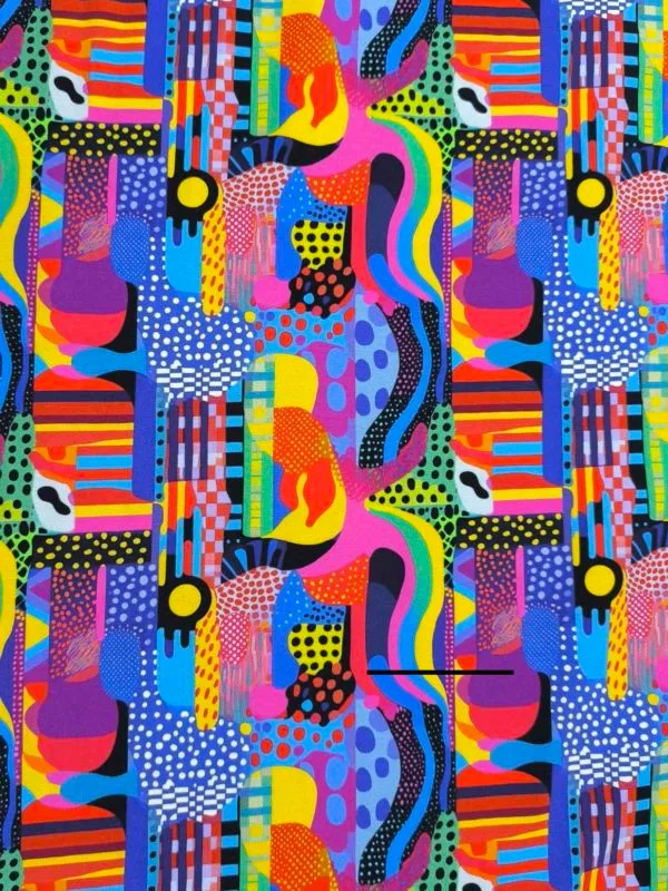 Colourful abstract shapes and dot design on a jersey stretch fabric base, beautifully soft and stretchy material.