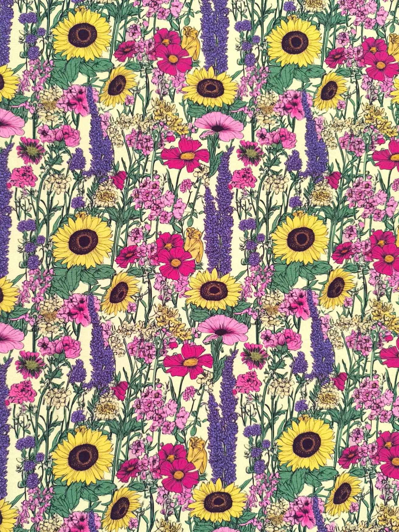 Sunflower and lavendar flowers on a pretty pale yellow base. Jersey stretch fabric base, beautifully soft and stretchy material.