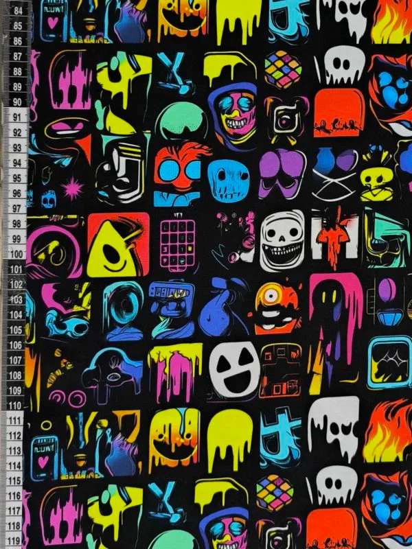 Super cool square design. with graffiti style art in each square, on a black background. Jersey stretch fabric base, beautifully soft and stretchy material.