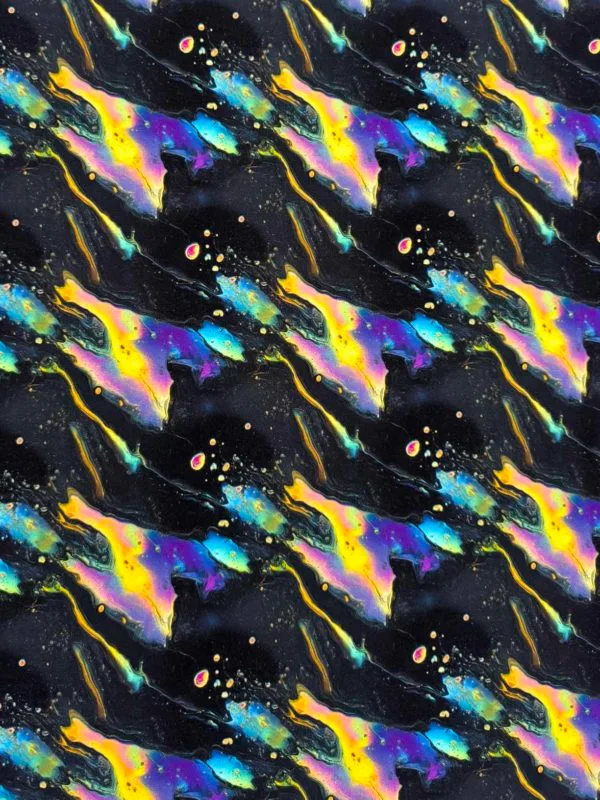 Black oil slick design on a jersey stretch fabric base, beautifully soft and stretchy material.