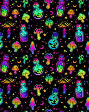 Neon Mushroom Potions Halloween Jersey Fabric £16.50pm