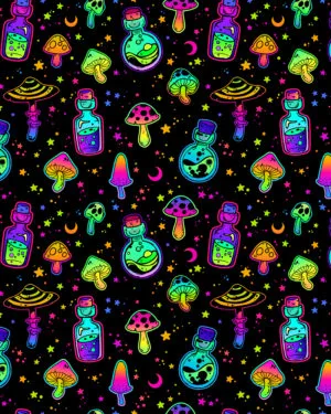 Neon Mushroom Potions Halloween Jersey Fabric £16.50pm
