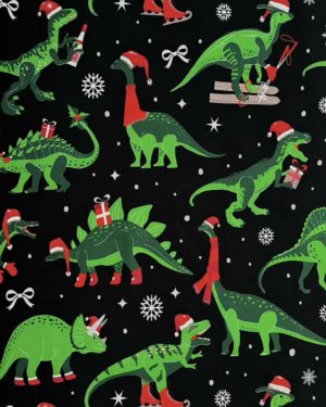 Christmas Dinosaur Cotton Lycra Jersey Fabric £16.50pm Christmas Dinosaur Cotton Lycra Jersey Fabric £16.50pm