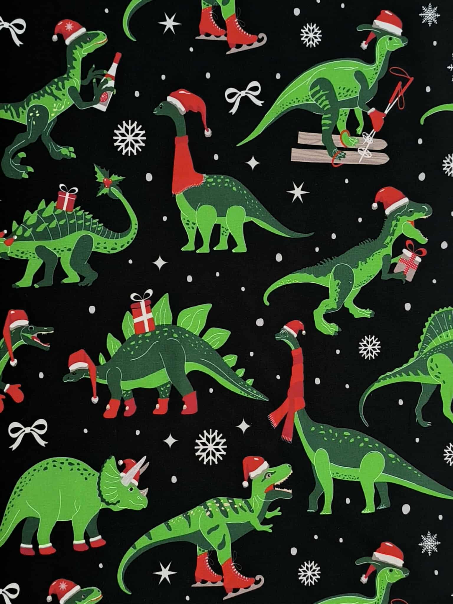 Christmas Dinosaur Cotton Lycra Jersey Fabric £16.50pm 4 Christmas Dinosaur Cotton Lycra Jersey Fabric £16.50pm
