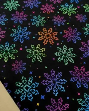 Christmas Rainbow Snowflake Cotton Lycra Jersey Fabric £16.50pm 2 Christmas Rainbow Snowflake Cotton Lycra Jersey Fabric £16.50pm
