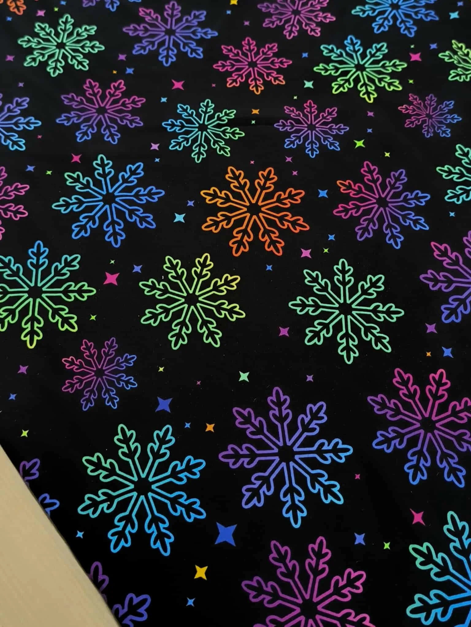 Christmas Rainbow Snowflake Cotton Lycra Jersey Fabric £16.50pm 5 Christmas Rainbow Snowflake Cotton Lycra Jersey Fabric £16.50pm - Image 2