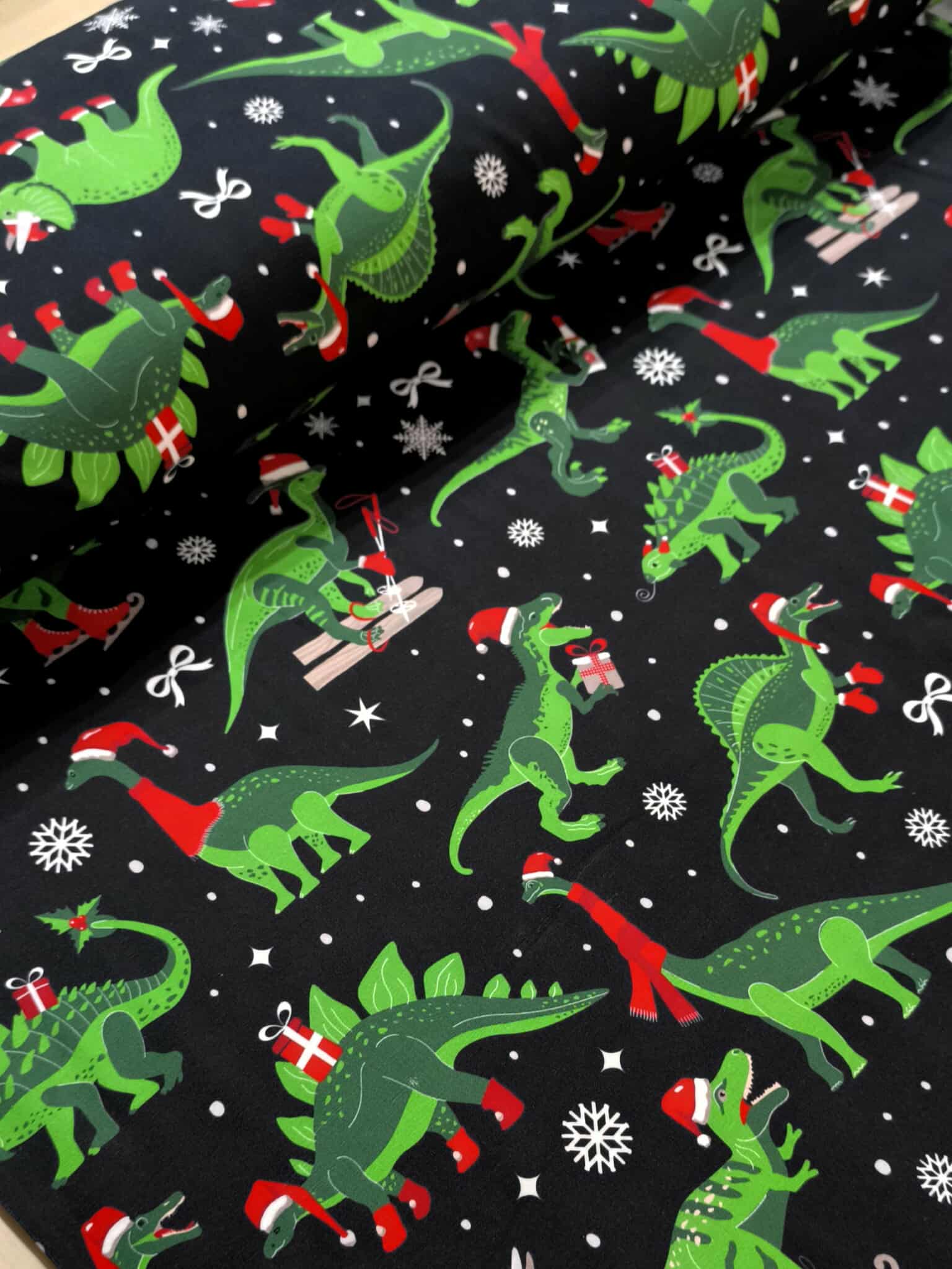 Christmas Dinosaur Cotton Lycra Jersey Fabric £16.50pm 5 Christmas Dinosaur Cotton Lycra Jersey Fabric £16.50pm - Image 2